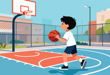 Boy dribbling a basketball on an outdoor court