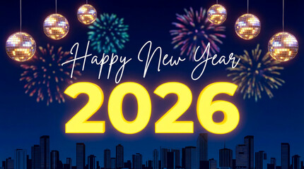 Festive 2026 New Year Celebration with Fireworks, City Skyline and Golden Lights