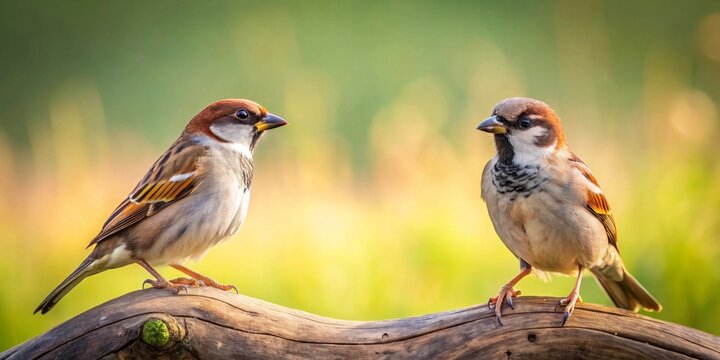 Two small sparrows perched on a weathered wooden branch against a softly blurred natural backdrop of green and gold light