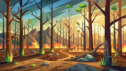 Burned forest regrowth vector illustration showing young trees and renewal