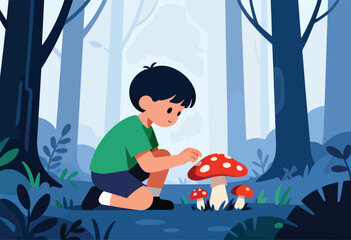 A child in a green shirt discovers bright red mushrooms in a deep blue forest
