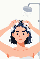 A person washing their hair with shampoo and water under a showerhead