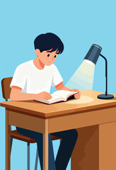 A young person intently reads a book under a desk lamp