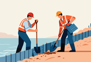 Two workers in hard hats and safety vests dig and rake beside a blue fence and water