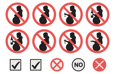 Pregnant woman prohibition symbol alcohol wine no alcohol signs vector elements