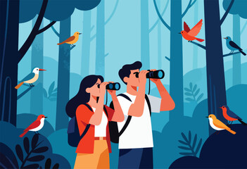 Couple birdwatching in a stylized forest with various colorful birds