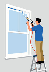 Person on ladder sealing a window frame with a caulk gun