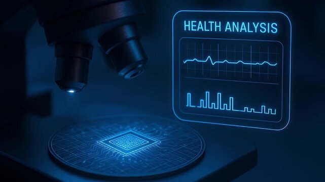 Health analysis concept with microscope and digital data display showing biometric health monitoring, heartbeat, and bar charts, futuristic medical technology for diagnostics and research