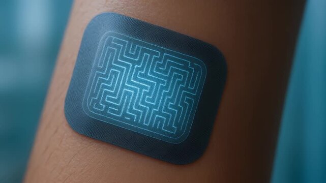 Close-up of a futuristic wearable medical patch with circuit-like patterns on human skin, representing health technology, biosensor innovation, smart monitoring, and digital healthcare systems.
