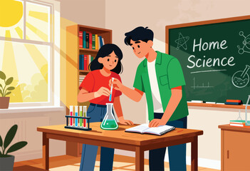 Two young students perform an experiment with colorful liquids in test tubes and a flask