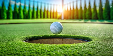 A golf ball about to drop into the hole on a putting green under a sunny sky