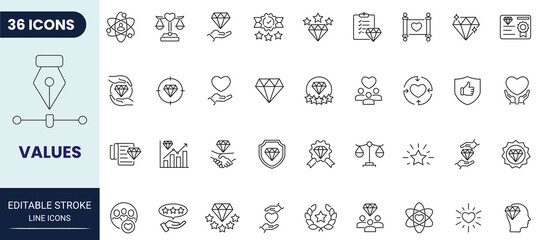 Values line icon set. Includes Diamond, quality, success, achievement, gem, ideal, and more. Editable stroke. Vector illustration.
