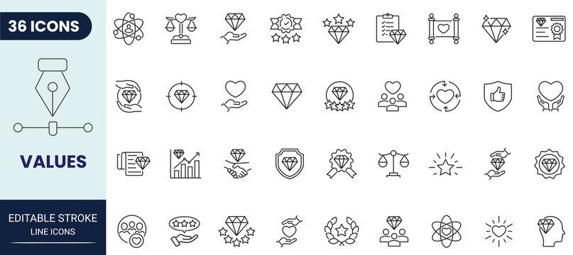 Values line icon set. Includes Diamond, quality, success, achievement, gem, ideal, and more. Editable stroke. Vector illustration.