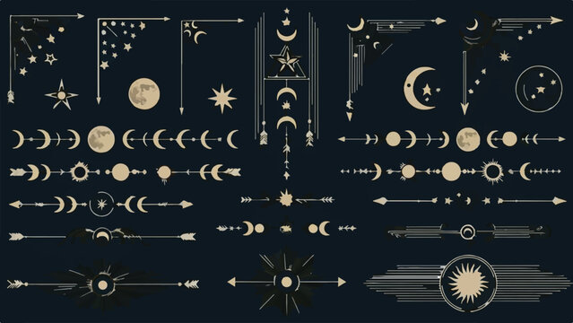 Gold celestial vector elements collection with moon phases, stars, sun, borders and dividers.