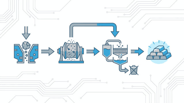 Industrial process illustration: crushing ore, milling, flotation, and gold bar production, A visual depiction of gold extraction from raw ore to refined precious metal ingots