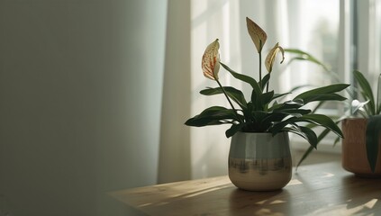 A drooping peace lily in a container emphasizes indoor plant health, useful for horticulture and plant care