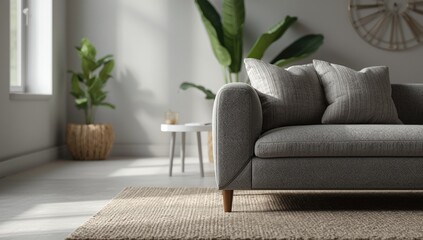 Interior scene featuring a grey sofa within a modern living space, emphasizing urban design, World Habitat Day