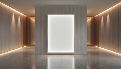 Business office reception background featuring a white empty frame for branding or signage placement, ideal for corporate mockups