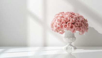 Elegant white background with rose flowers in a decorative vase, ideal for nature-themed layouts or spring celebrations