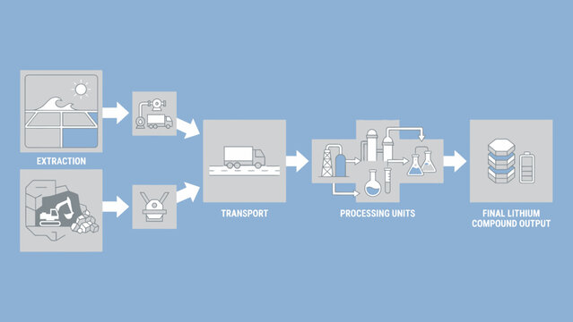 Lithium production infographic showing extraction, transport, processing, and final output for batteries, Conceptual diagram of lithium sourcing and refinement.