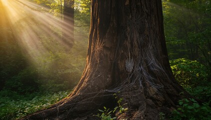Redwood trunk encrusted with spider webs, illustrating forest ecosystem interactions