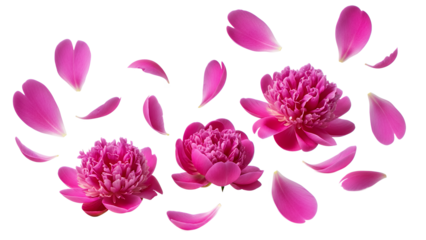 Three vibrant pink peonies with scattered petals floating around them against a white background