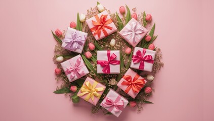 Mothers Day gift arrangement featuring wrapped boxes, ribbon accents, and tulips on light pink surface, for festive display