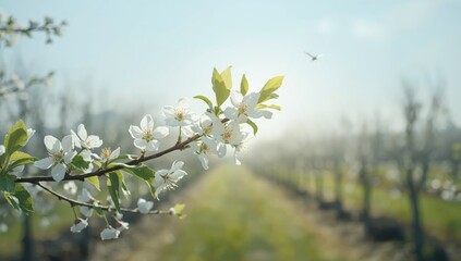 Springtime pear tree with white flowers, highlighting natural growth