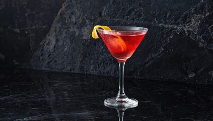 Mixed vodka and fruit juices drink on dark stone backdrop, ideal for beverage menu layout