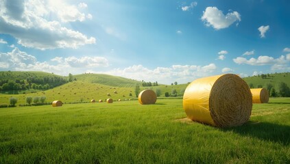 Round hay bales covered with yellow plastic film resting on a lush green field, highlighting farming techniques, summer, landscape, grass, agriculture, land preservation