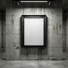 Empty black frame on a grunge brick wall with spotlights, perfect for art display.