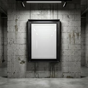 Empty black frame on a grunge brick wall with spotlights, perfect for art display.