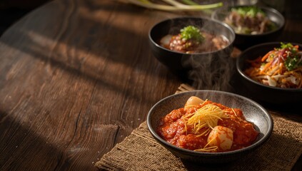 Traditional Korean dishes with rice and seafood, highlighting staple ingredients and cultural preparation