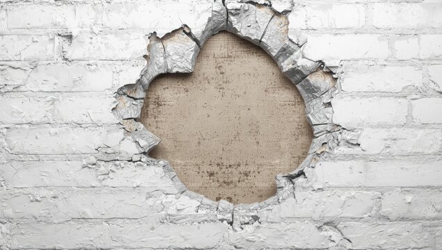 Damaged white brick surface with cracks and paint peeling, used as an abstract backdrop for layouts