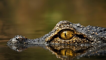 Fototapeta premium Detailed view of a crocodiles eye showing yellow iris and slit pupil, highlighting reptile vision