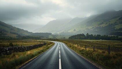 Naklejka premium Curving mountain road with fog-shrouded peaks, highlighting rural accessibility challenges