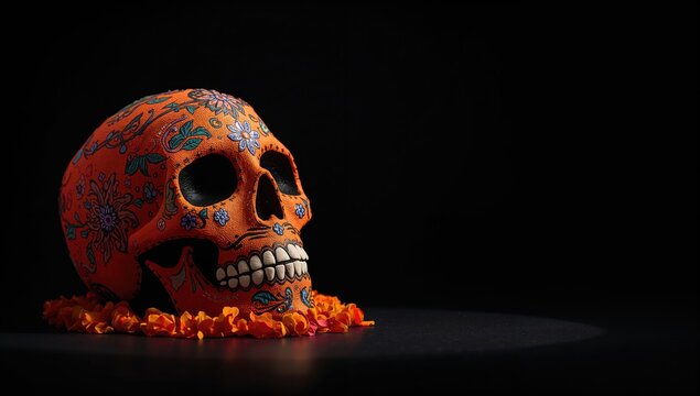 Decorative skull featuring flowers against a dark backdrop, typical of D&Atilde;&shy;a de los Muertos celebrations
