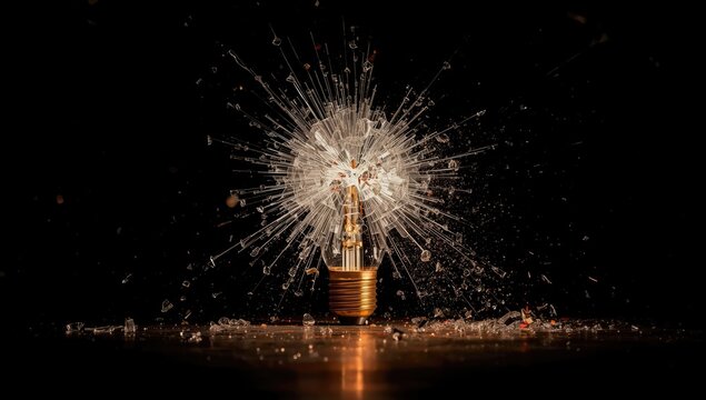 Close-up of a bullet impact on an old-fashioned electric bulb with glass shattering, illustrating energy depletion