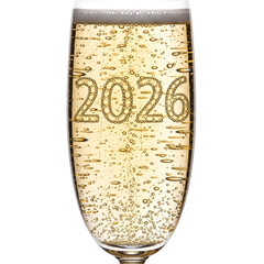 Champagne flute with 2026 new year display isolated on transparent background