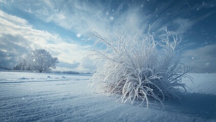 Frost-covered bush with intricate ice crystal details, winter weather effects on vegetation, seasonal change