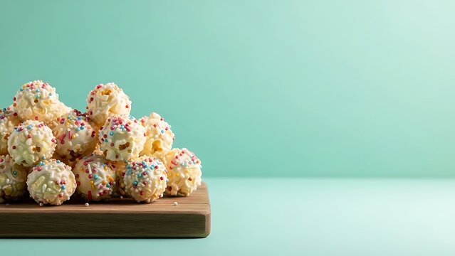 Sweet white chocolate covered popcorn balls decorated with colorful rainbow sprinkles on a wooden board