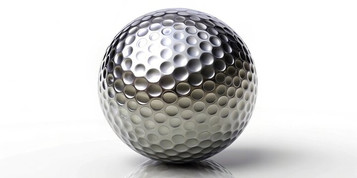 A metallic sphere with dimpled surface, reflecting light, isolated on a white background
