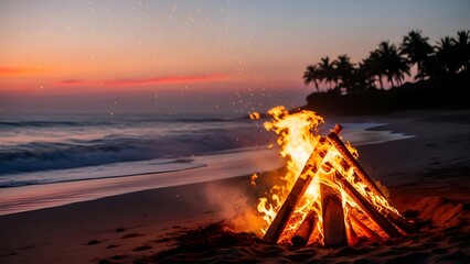 Warm Bonfire on a Tropical Beach at Dusk