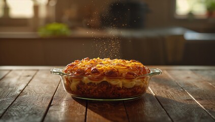 Baked potato and minced meat dish, highlighting layered assembly and cooking process