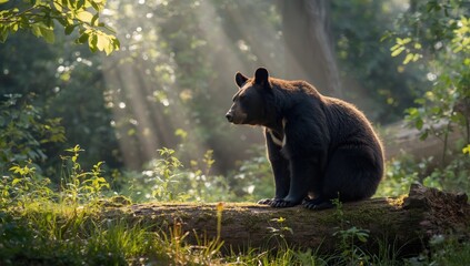 Naklejka premium Wildlife scene with an Indian black bear seated on a log amid forest vegetation, highlighting habitat preservation