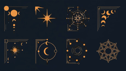 Set of 8 Golden Celestial Corner Ornaments Vector © Federico.com