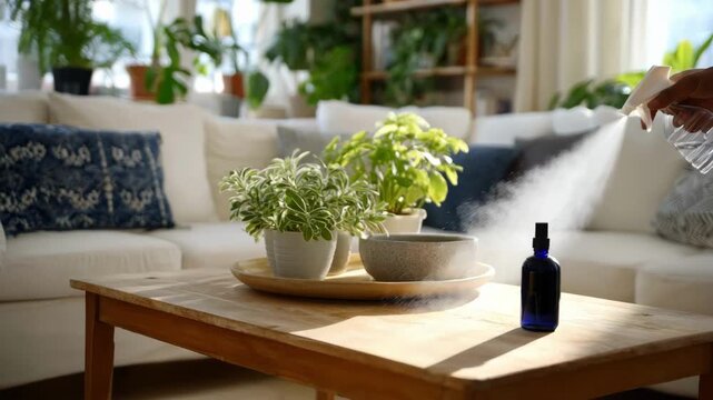 Medium shot of a cleaning specialist spraying a refreshing lavender fragrance in a freshly cleaned living room creating a calming and inviting atmosphere.