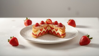 Italian strawberry mille-feuille layered pastry dessert displayed on white surface, suitable for culinary styling