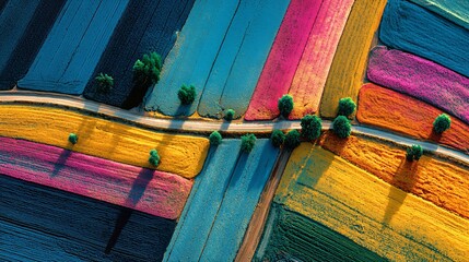 Aerial view of vibrant colorful farmland with trees and road, agriculture yield prediction, farming landscape