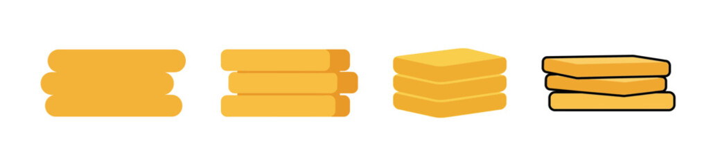 Four stacks of yellow rectangular objects, possibly representing coins or food items, are displayed against a white background. © ARIF